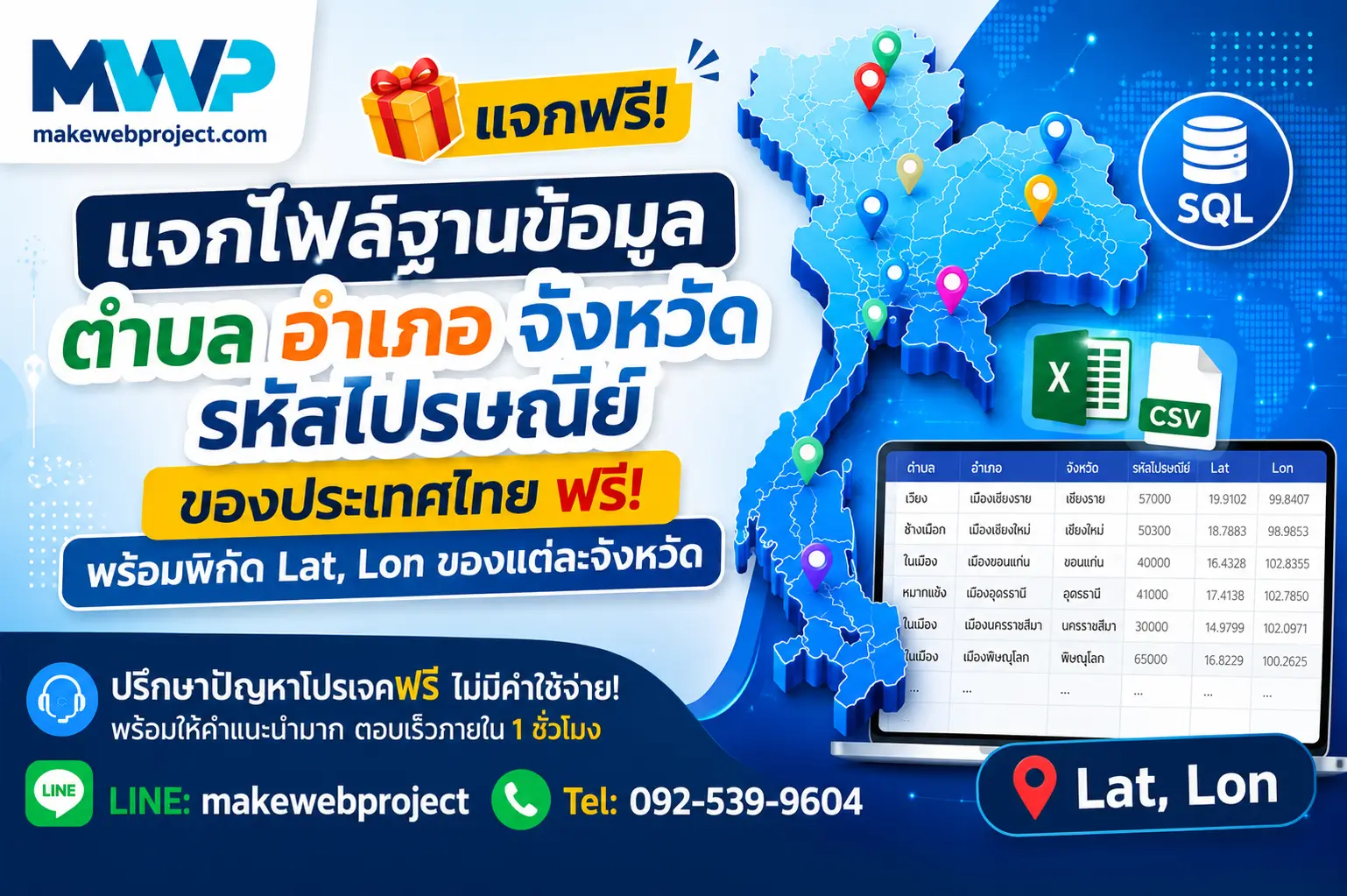 ฐานข้อมูลตำบล อำเภอ จังหวัด รหัสไปรษณีย์ประเทศไทยฟรี อัปเดทล่าสุด