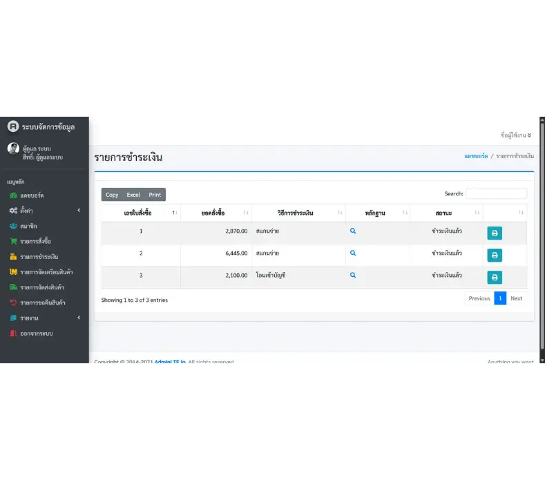 หน้าจอสำหรับจัดการรายการแจ้งชำระเงินของเว็บไซต์ขายสินค้าออนไลน์