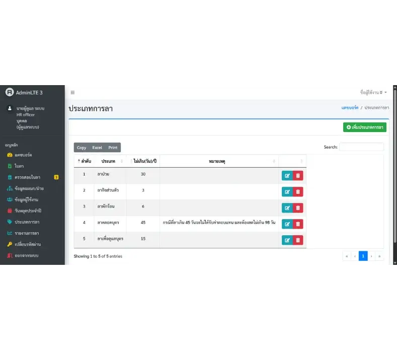 หน้าจัดการประเภทการลาของระบบลางานออนไลน์สำหรับบริษัท